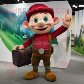 Maroon Elf mascot costume character dressed with a Cargo Pants and Clutch bags