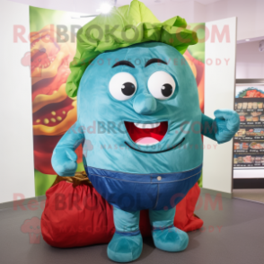 Teal Corned Beef And Cabbage mascot costume character dressed with a Denim Shorts and Handbags