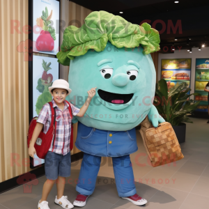 Teal Corned Beef And Cabbage mascot costume character dressed with a Denim Shorts and Handbags