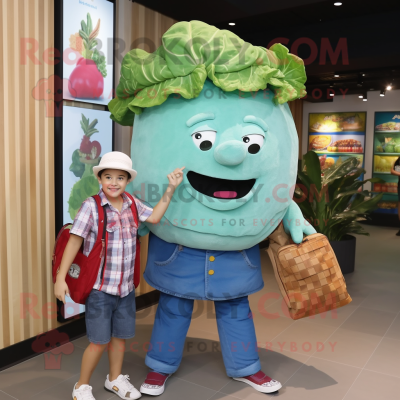 Teal Corned Beef And Cabbage mascot costume character dressed with a Denim Shorts and Handbags