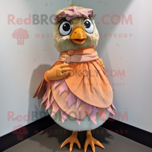 Peach Quail mascot costume character dressed with a Wrap Skirt and Hair clips