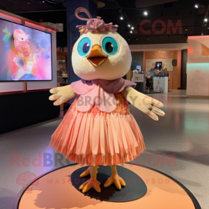 Peach Quail mascot costume character dressed with a Wrap Skirt and Hair clips