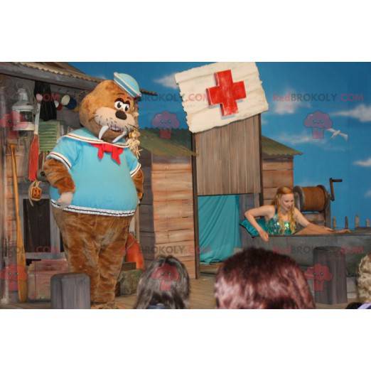 Mascotte de morse marron en tenue de marin - Redbrokoly.com