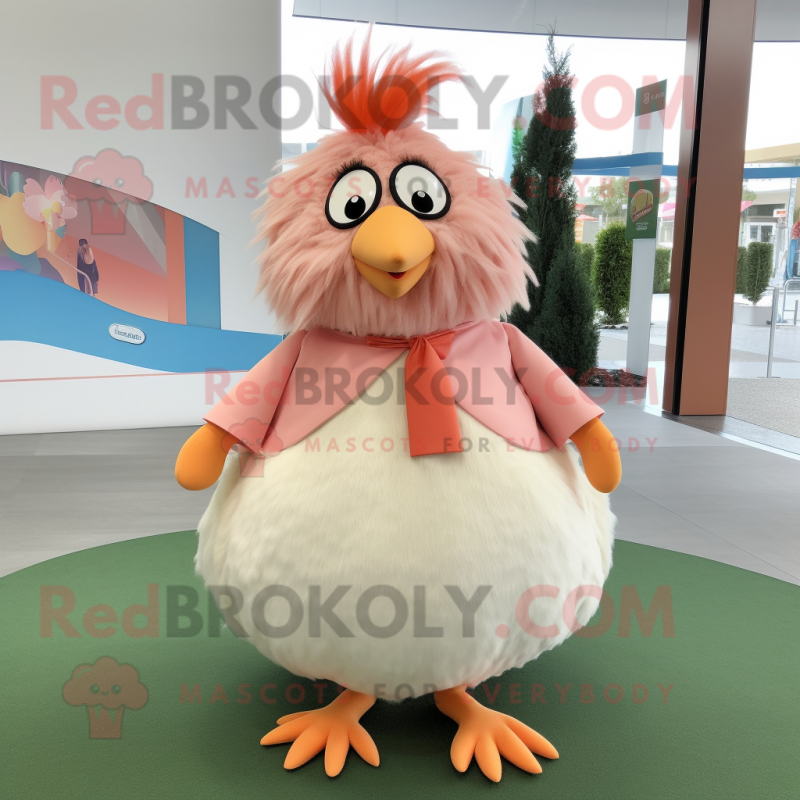 Peach Quail mascot costume character dressed with a Wrap Skirt and Hair clips