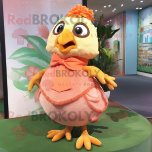 Peach Quail mascot costume character dressed with a Wrap Skirt and Hair clips