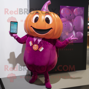 Magenta Pumpkin mascot costume character dressed with a Jeggings and Necklaces
