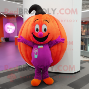 Magenta Pumpkin mascot costume character dressed with a Jeggings and Necklaces