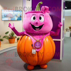 Magenta Pumpkin mascot costume character dressed with a Jeggings and Necklaces