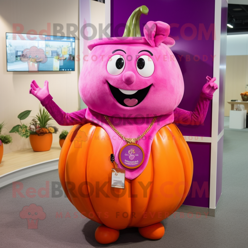 Magenta Pumpkin mascot costume character dressed with a Jeggings and Necklaces Magenta Pumpkin mascot costume character dressed with a Jeggings and Necklaces