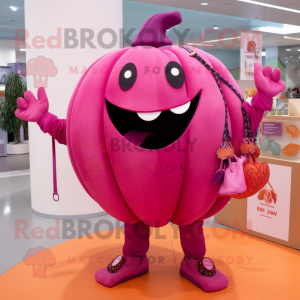 Magenta Pumpkin mascot costume character dressed with a Jeggings and Necklaces