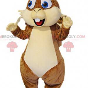 Very happy brown squirrel mascot with big blue eyes -