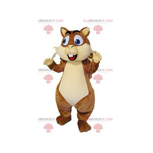 Very happy brown squirrel mascot with big blue eyes -