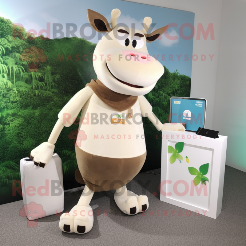 Beige Jersey Cow mascot costume character dressed with a Tank Top and Wallets Beige Jersey Cow mascot costume character dressed with a Tank Top and Wallets