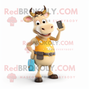 Beige Jersey Cow mascot costume character dressed with a Tank Top and Wallets