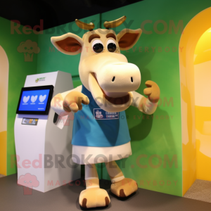 Beige Jersey Cow mascot costume character dressed with a Tank Top and Wallets