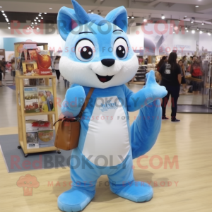 Sky Blue Squirrel mascot costume character dressed with a Long Sleeve Tee and Messenger bags