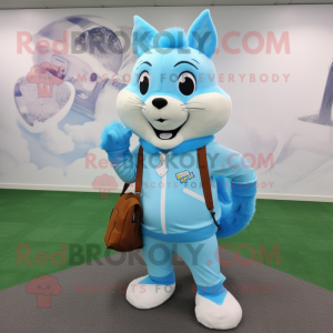 Sky Blue Squirrel mascot costume character dressed with a Long Sleeve Tee and Messenger bags