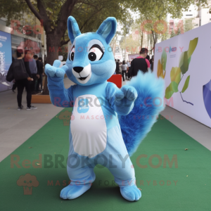 Sky Blue Squirrel mascot costume character dressed with a Long Sleeve Tee and Messenger bags