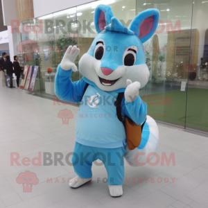 Sky Blue Squirrel mascot costume character dressed with a Long Sleeve Tee and Messenger bags