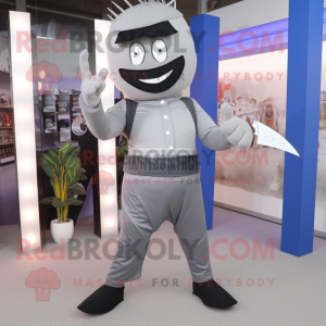 Gray Knife Thrower mascot costume character dressed with a Jeggings and Belts