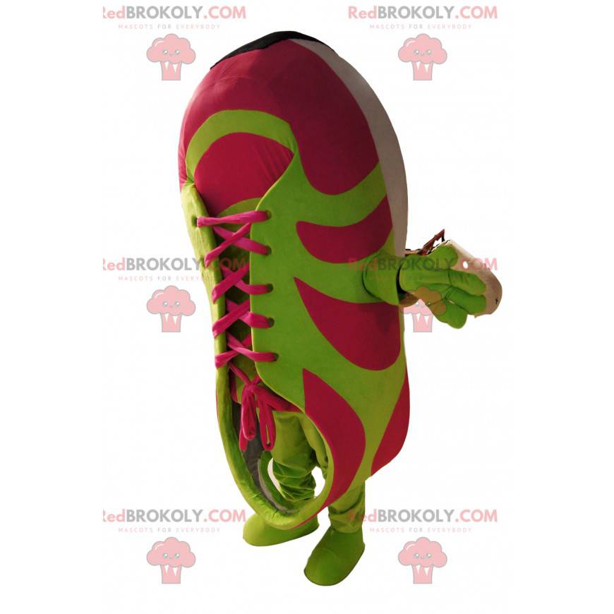 Mascota de baloncesto fucsia y verde. Traje de baloncesto -