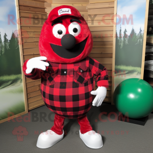 Red Golf Ball mascot costume character dressed with a Flannel Shirt and Earrings