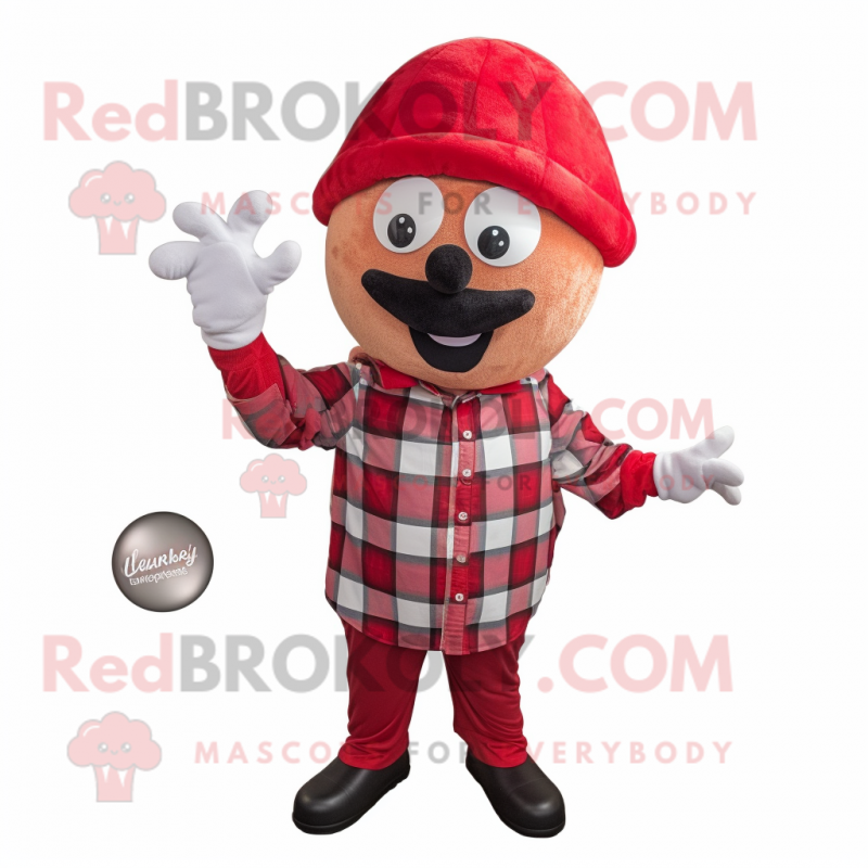 Red Golf Ball mascot costume character dressed with a Flannel Shirt and Earrings Red Golf Ball mascot costume character dressed with a Flannel Shirt and Earrings