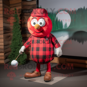 Red Golf Ball mascot costume character dressed with a Flannel Shirt and Earrings