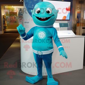 Cyan Ray mascot costume character dressed with a Rash Guard and Necklaces
