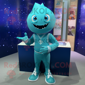 Cyan Ray mascot costume character dressed with a Rash Guard and Necklaces