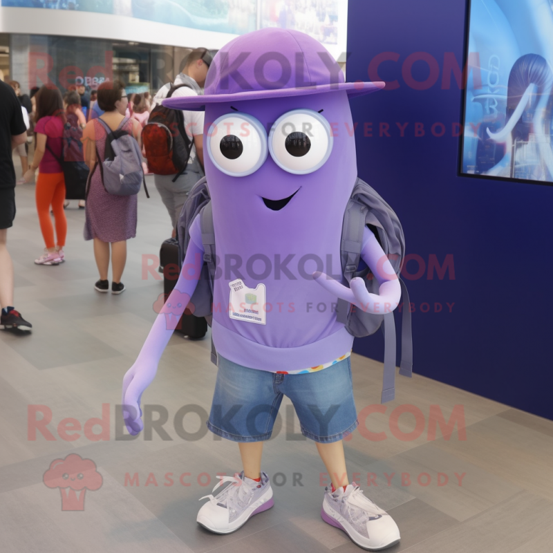 Lavender Squid mascot costume character dressed with a Denim Shorts and Backpacks Lavender Squid mascot costume character dressed with a Denim Shorts and Backpacks