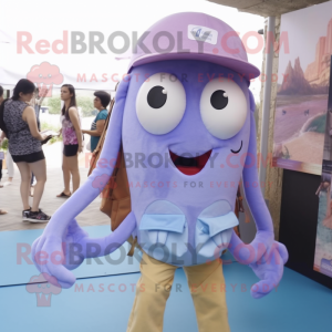 Lavender Squid mascot costume character dressed with a Denim Shorts and Backpacks