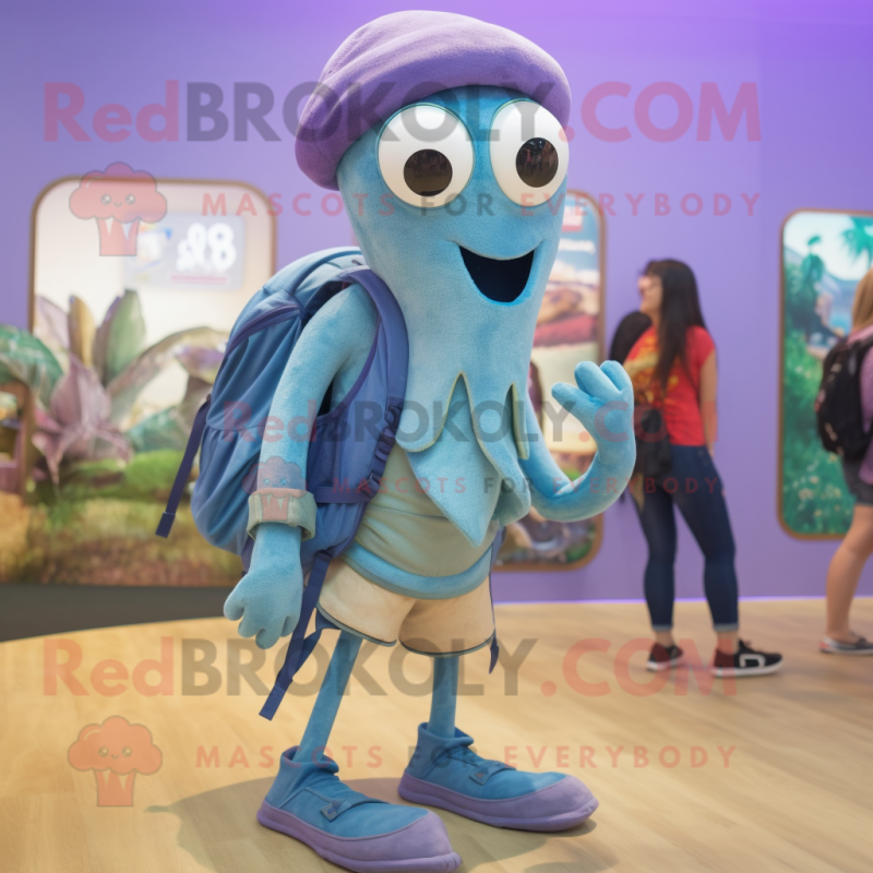 Lavender Squid mascot costume character dressed with a Denim Shorts and Backpacks