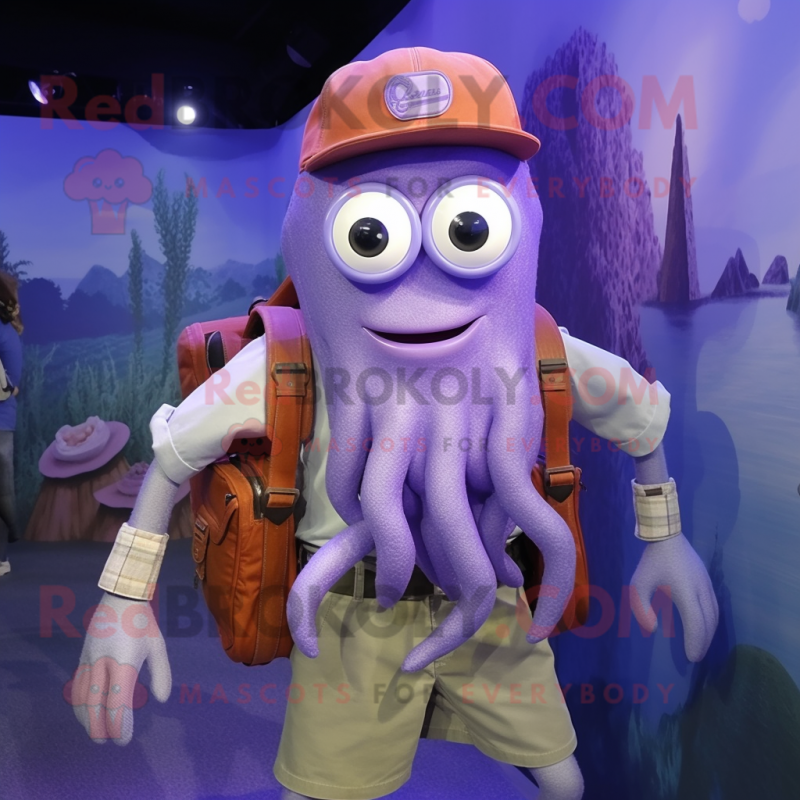 Lavender Squid mascot costume character dressed with a Denim Shorts and Backpacks