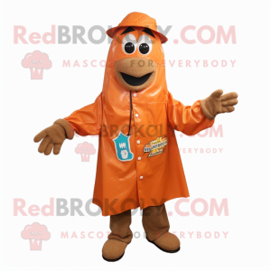 Rust Jambalaya mascot costume character dressed with a Raincoat and Suspenders