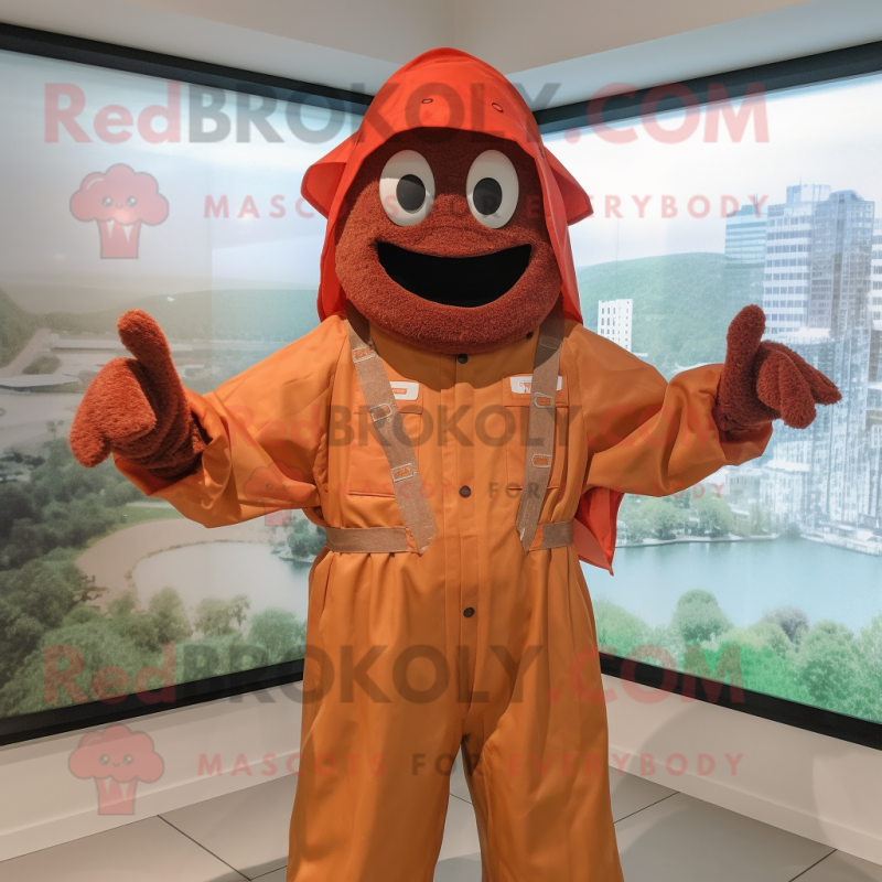 Rust Jambalaya mascot costume character dressed with a Raincoat and Suspenders Rust Jambalaya mascot costume character dressed with a Raincoat and Suspenders