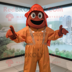 Rust Jambalaya mascot costume character dressed with a Raincoat and Suspenders