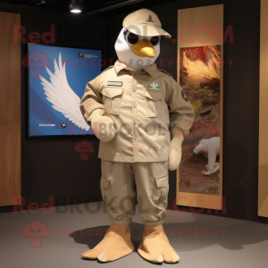 Beige Dove mascot costume character dressed with a Cargo Pants and Caps