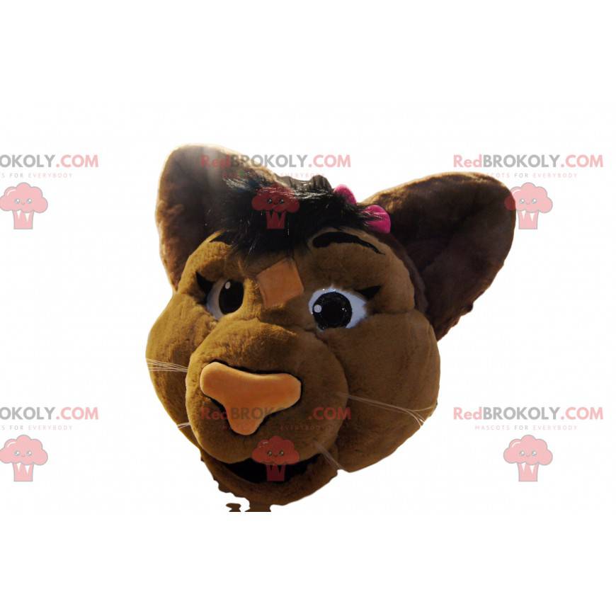 Cabeza de mascota de leona marrón con una pajarita rosa -