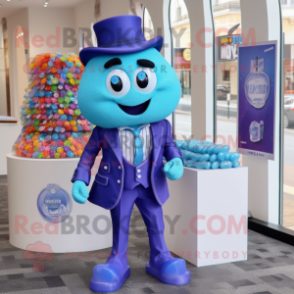 Blue Candy mascot costume character dressed with a Blazer and Brooches