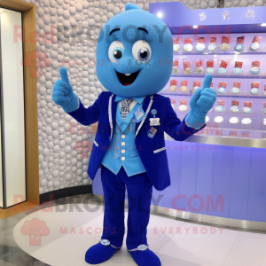 Blue Candy mascot costume character dressed with a Blazer and Brooches