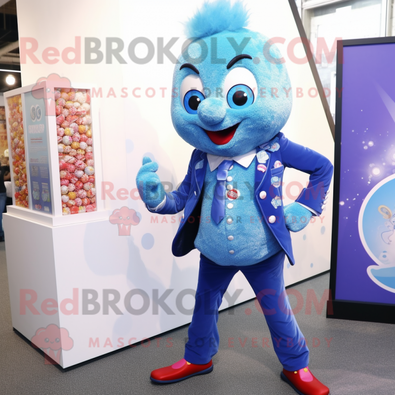 Blue Candy mascot costume character dressed with a Blazer and Brooches