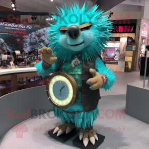 Turquoise Porcupine mascot costume character dressed with a Wrap Skirt and Bracelet watches
