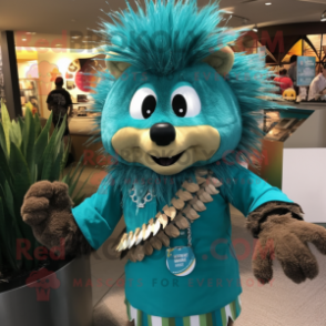 Turquoise Porcupine mascot costume character dressed with a Wrap Skirt and Bracelet watches