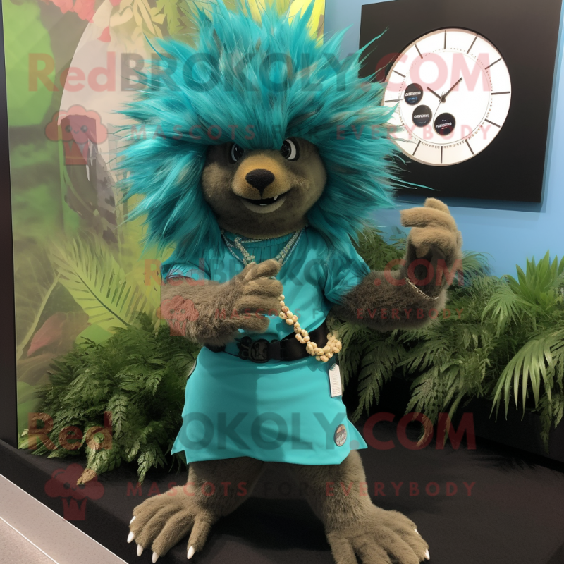 Turquoise Porcupine mascot costume character dressed with a Wrap Skirt and Bracelet watches