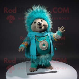 Turquoise Porcupine mascot costume character dressed with a Wrap Skirt and Bracelet watches