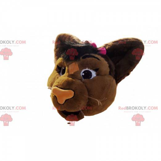 Brown lioness mascot head with a pink bow tie - Redbrokoly.com