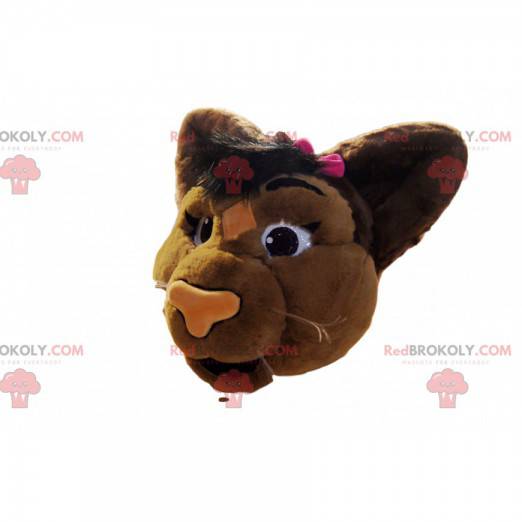 Cabeça de mascote de leoa marrom com gravata borboleta rosa -