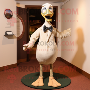 Beige Goose mascot costume character dressed with a Henley Tee and Tie pins