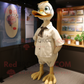 Beige Goose mascot costume character dressed with a Henley Tee and Tie pins